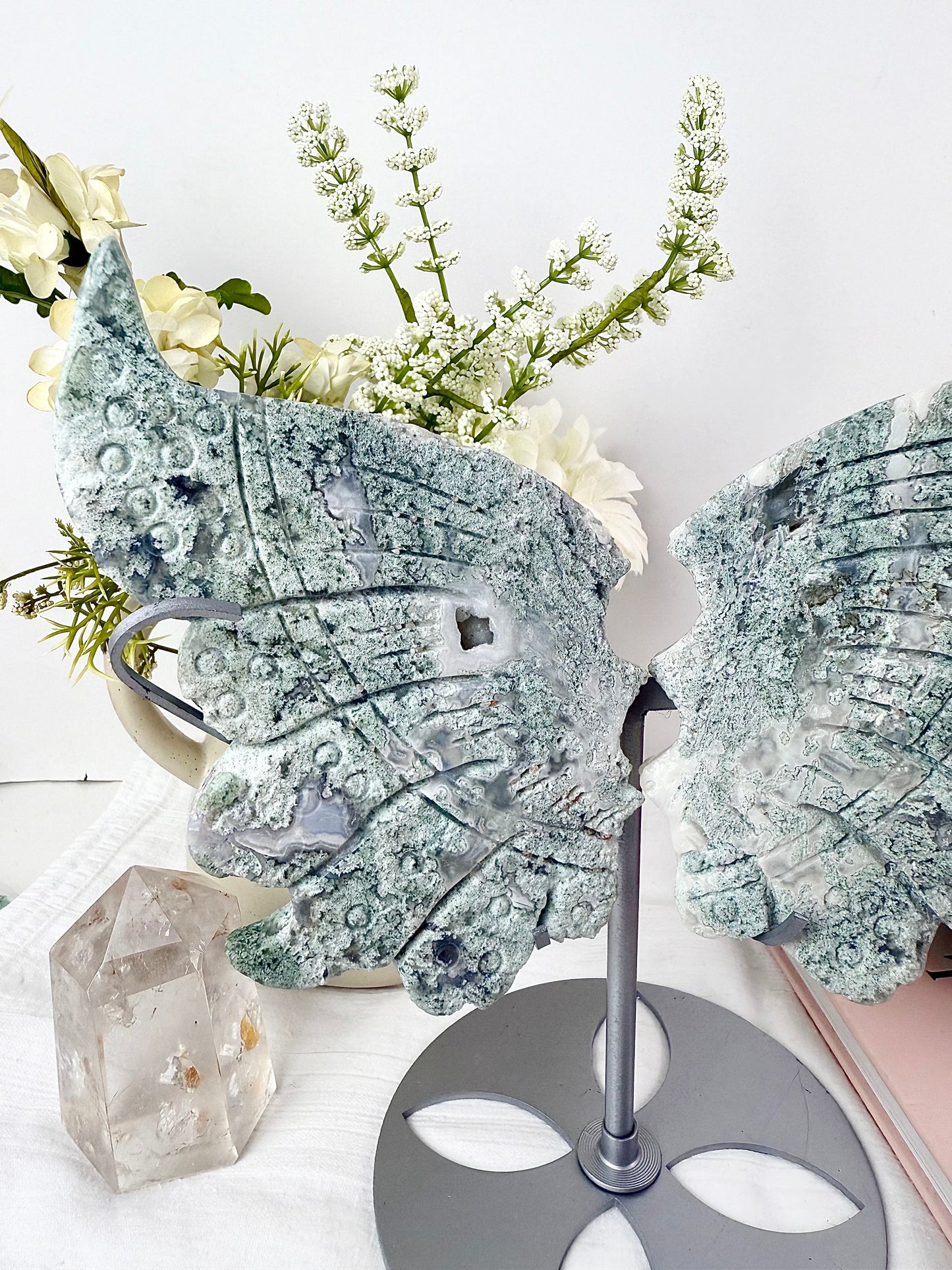 Moss Agate Large Wings with Silver Stand