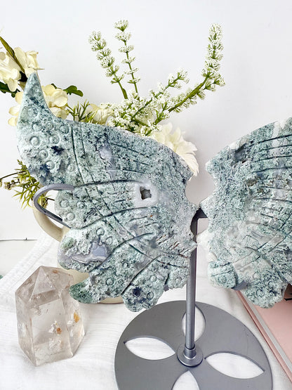 Moss Agate Large Wings with Silver Stand