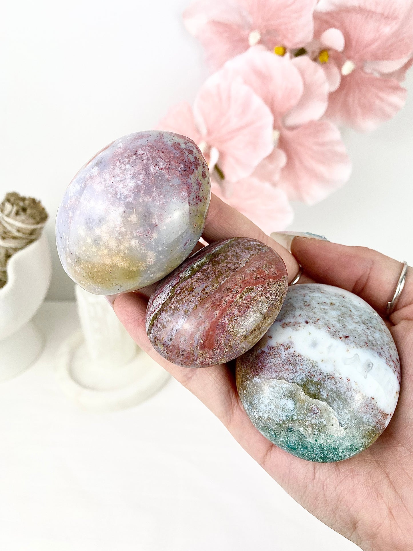 ✿ Pastel Ocean Jasper Palm Stones ✿