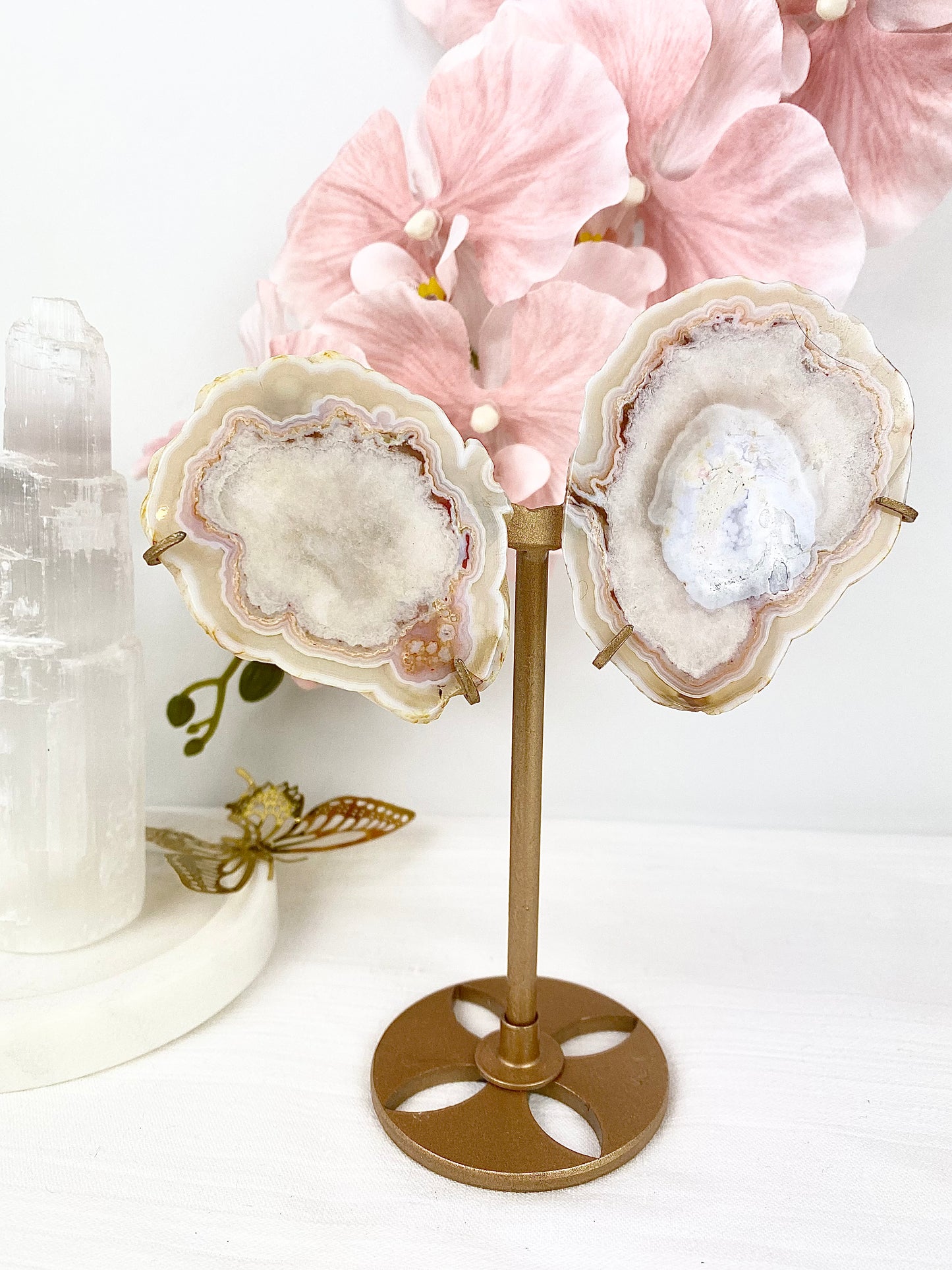 Laguna Agate Slab Wings on Bronze Stand