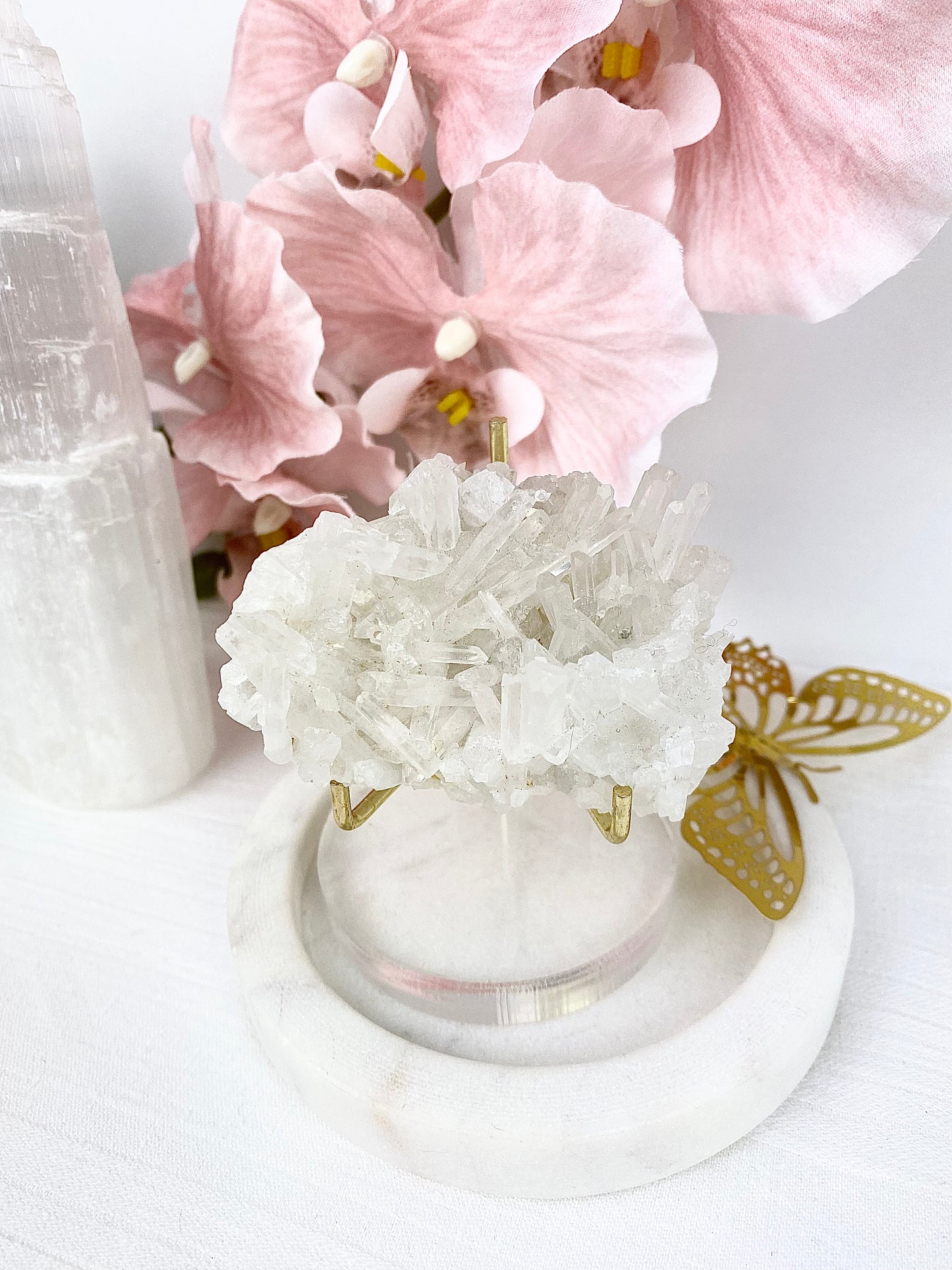 ✧ Chrysanthemum Clear Quartz Specimens on Gold Clear Adjustable Stand — 1. ✧