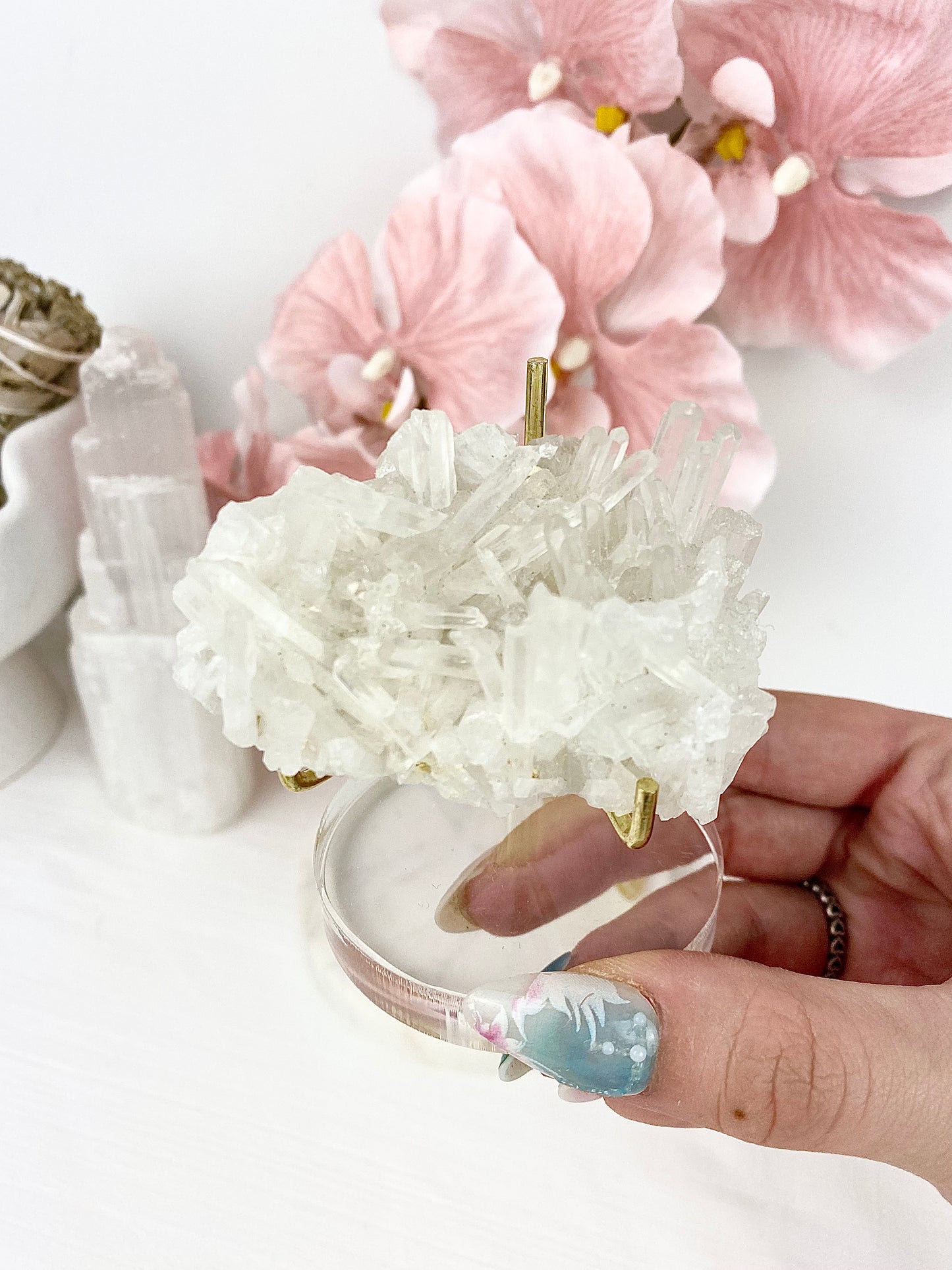 ✧ Chrysanthemum Clear Quartz Specimens on Gold Clear Adjustable Stand — 1. ✧