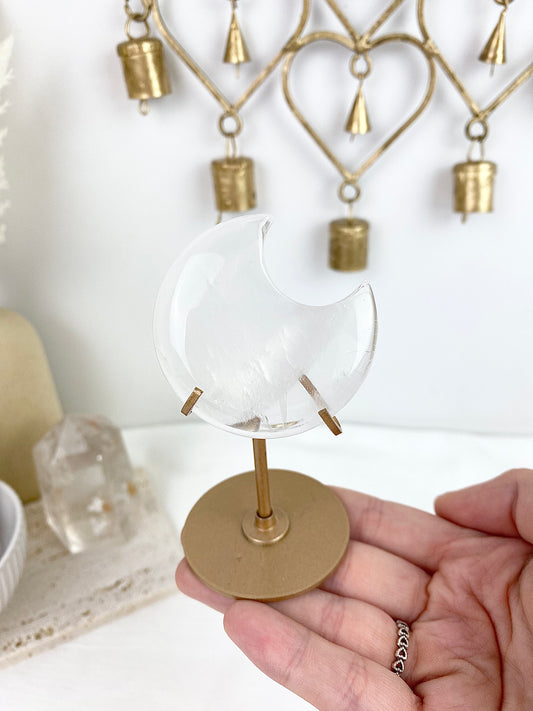 Clear Quartz Moon on Bronze Stand