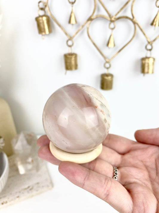 Pink Ocean Jasper Sphere with Wooden Stand