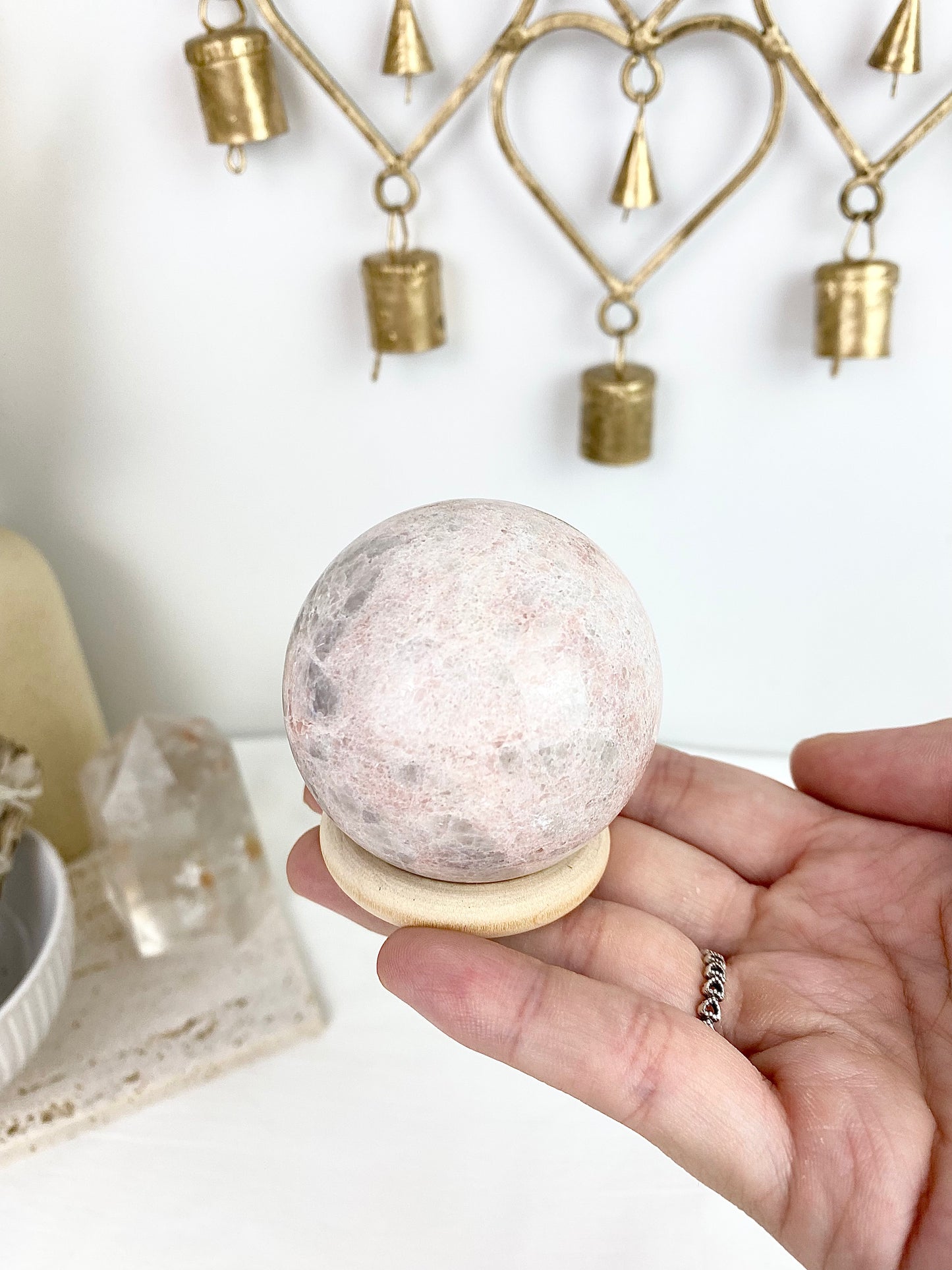 Pink Jade Sphere with Wooden Stand