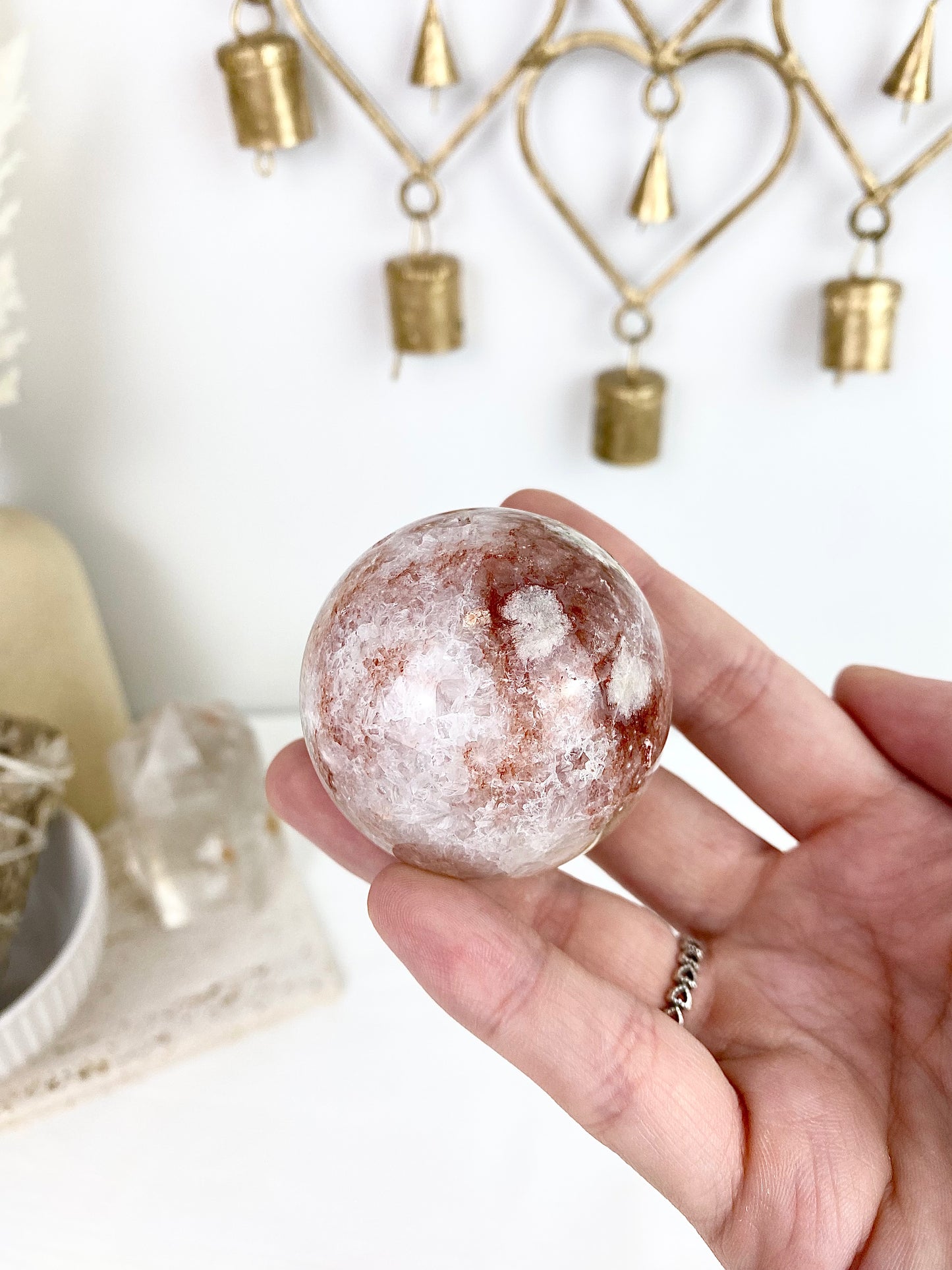 Pink Amethyst Flower Agate Sphere with Wooden Stand