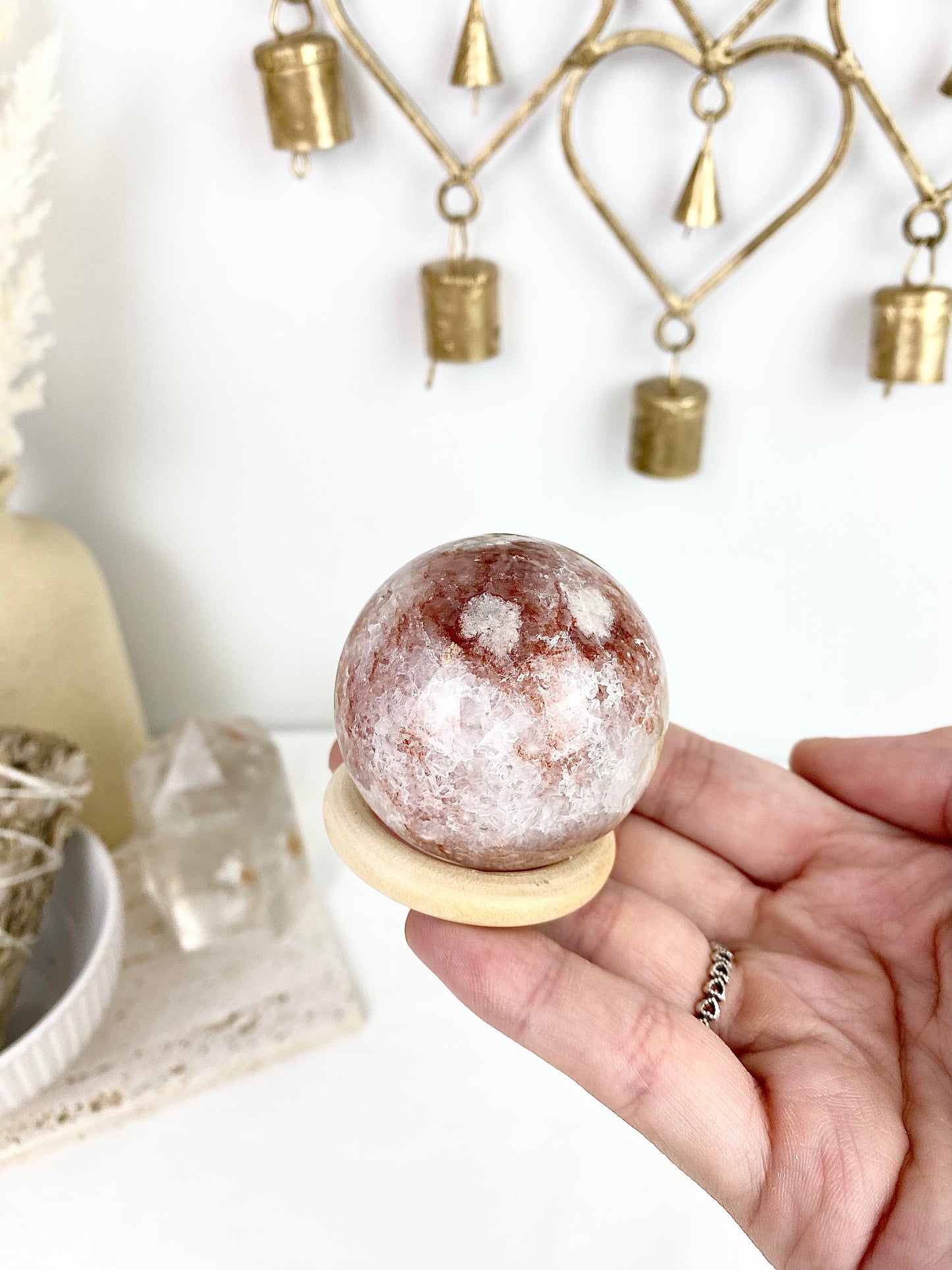 Pink Amethyst Flower Agate Sphere with Wooden Stand