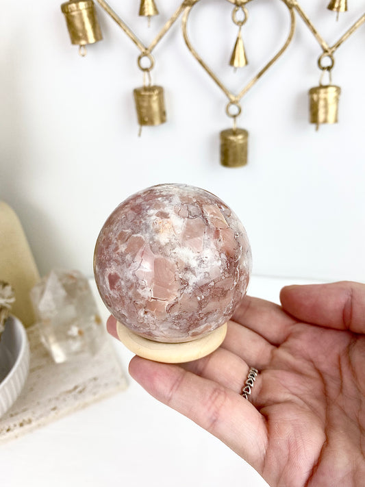 Pink Agate Sphere with Wooden Stand