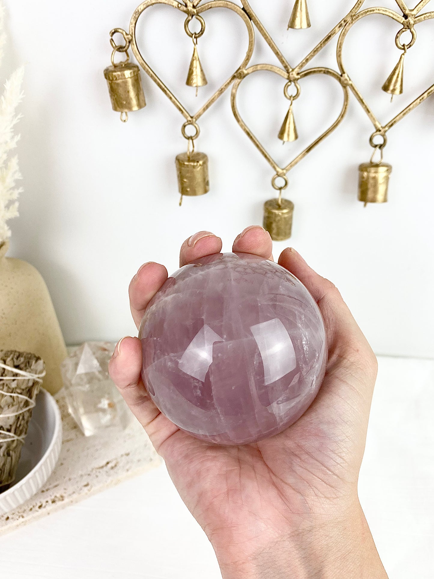 Rose Quartz Large Sphere with Gold Butterfly Stand