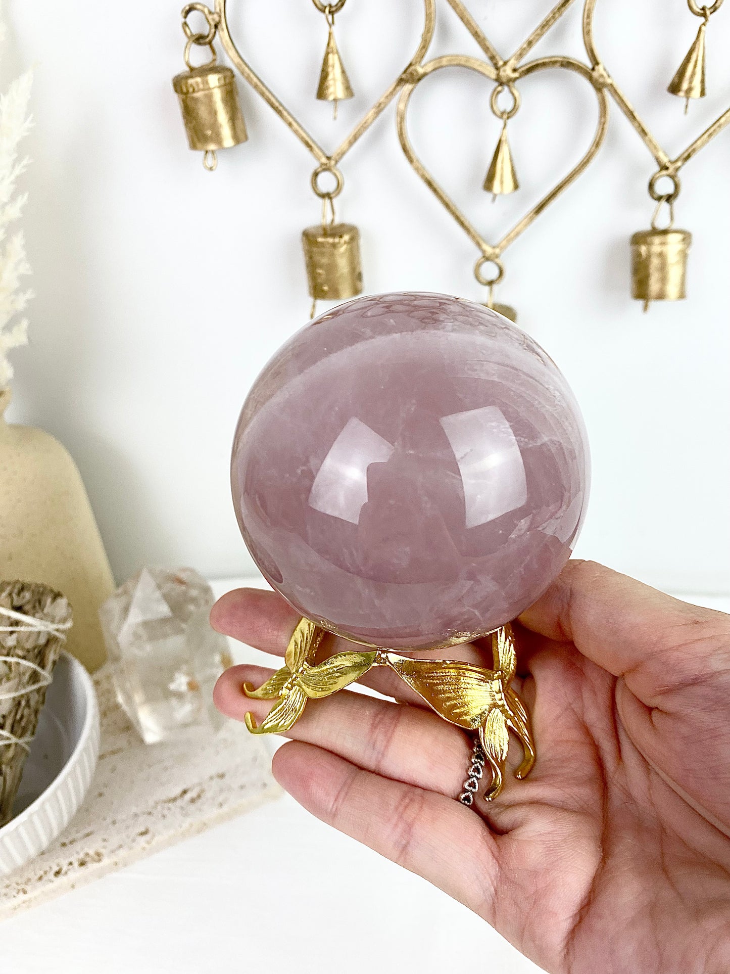 Rose Quartz Large Sphere with Gold Butterfly Stand