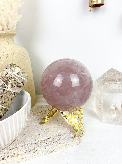 Rose Quartz Large Sphere with Gold Butterfly Stand