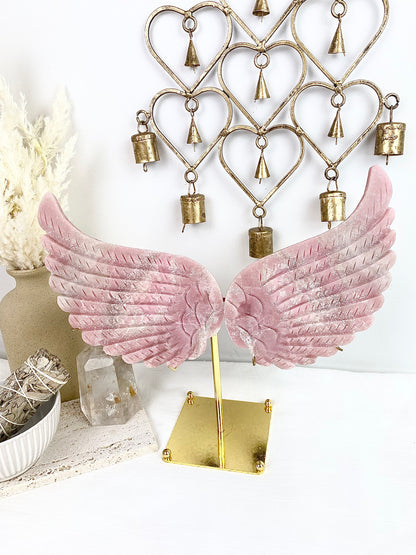 Pink Opal Large Angel Wings with Gold Stand