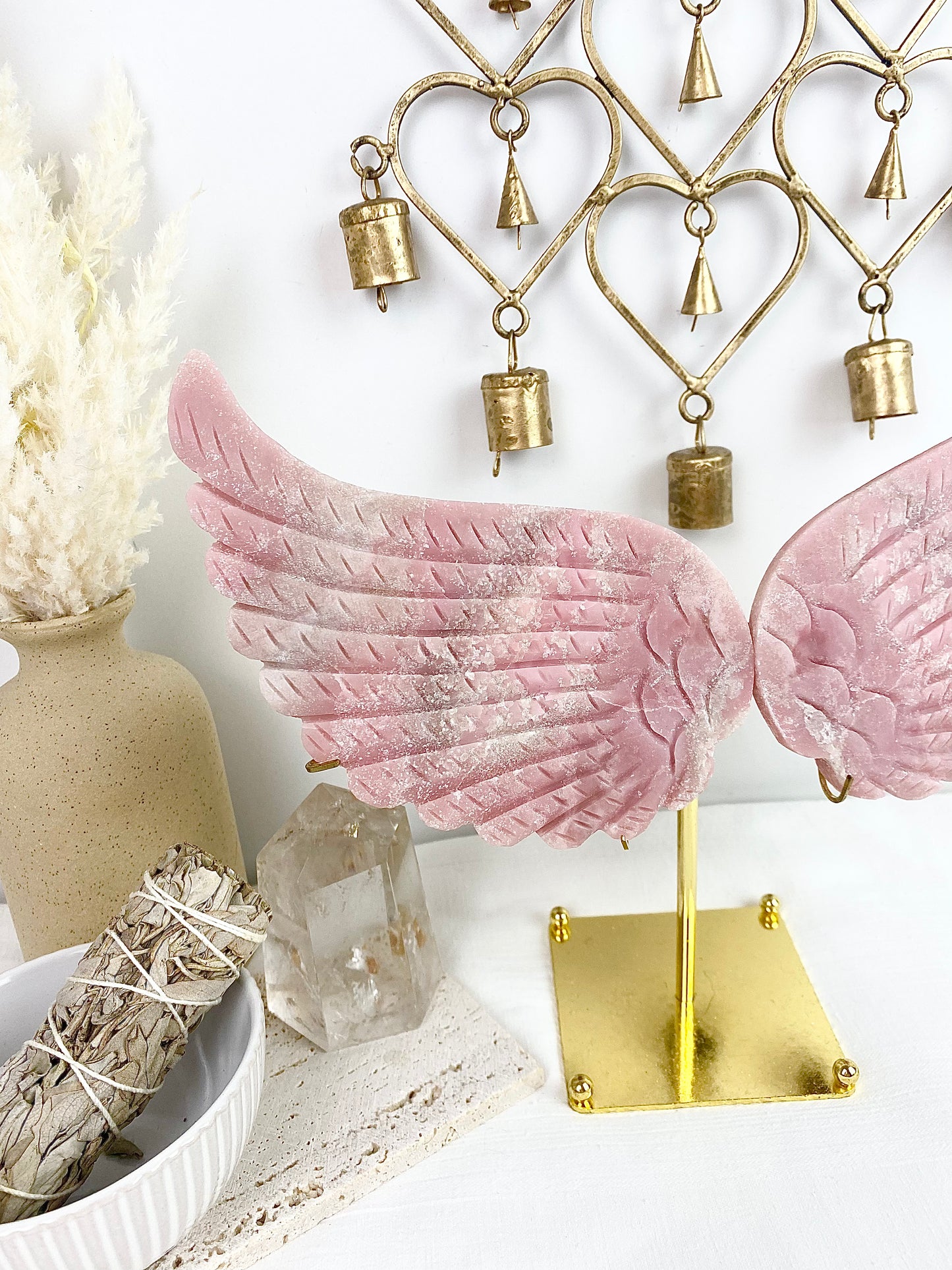 Pink Opal Large Angel Wings with Gold Stand