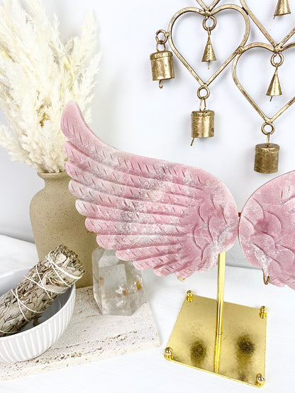 Pink Opal Large Angel Wings with Gold Stand