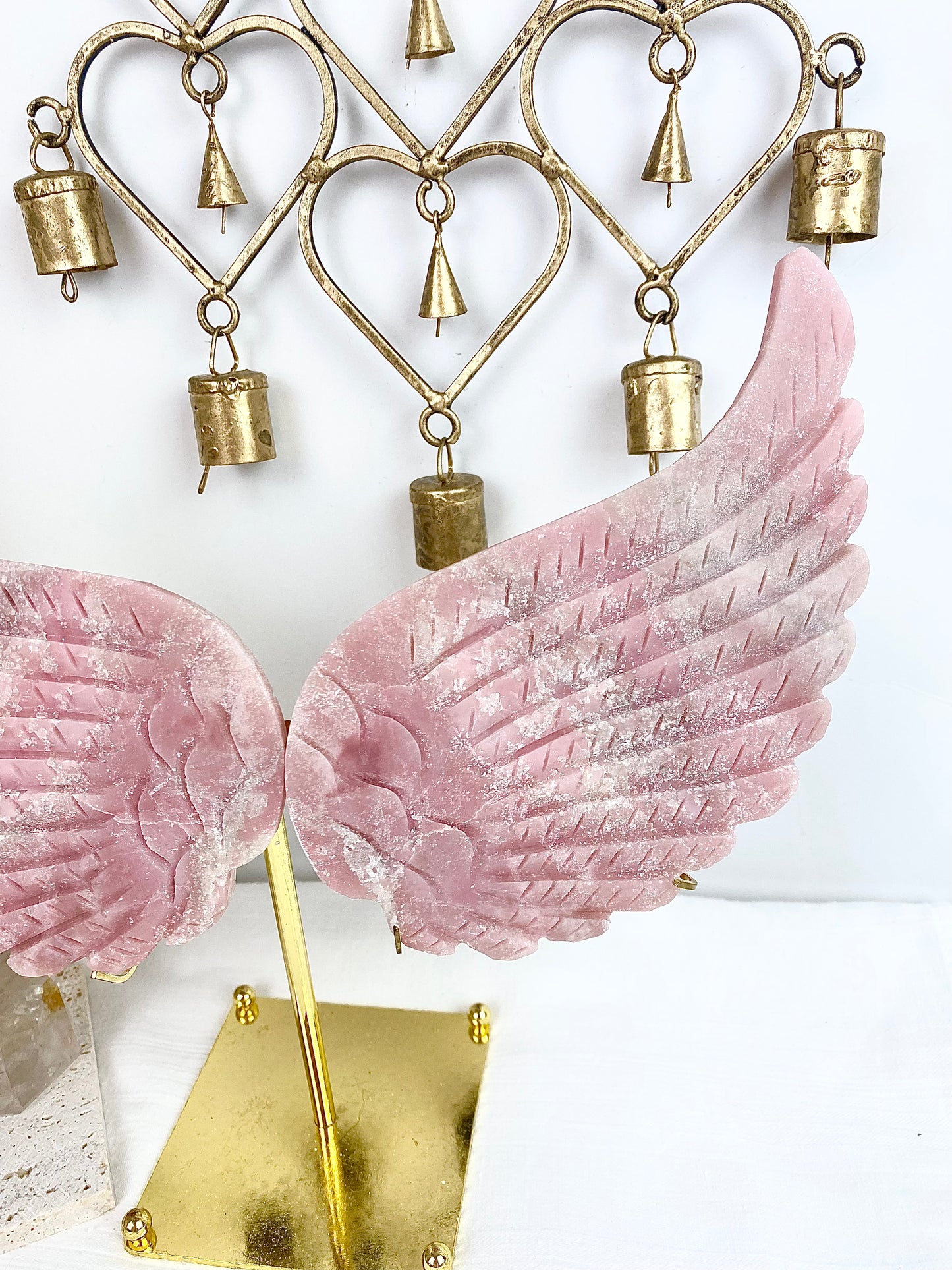 Pink Opal Large Angel Wings with Gold Stand