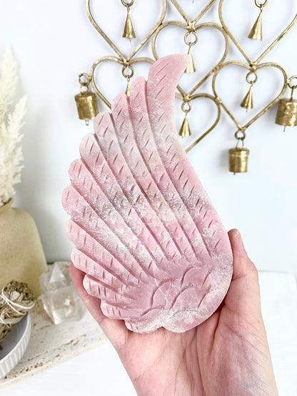 Pink Opal Large Angel Wings with Gold Stand