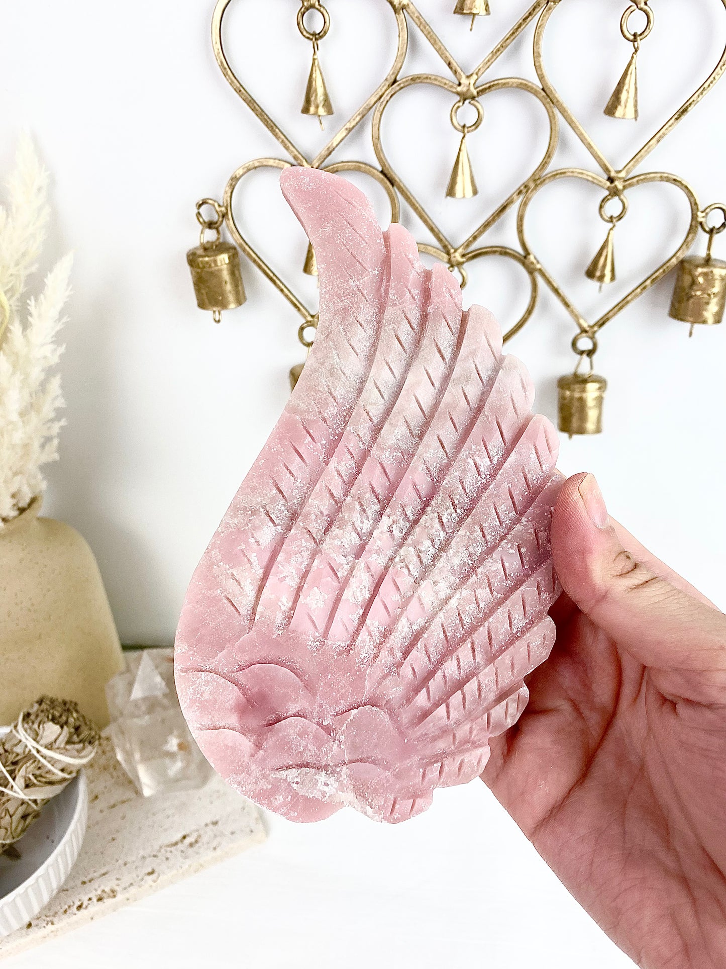 Pink Opal Large Angel Wings with Gold Stand