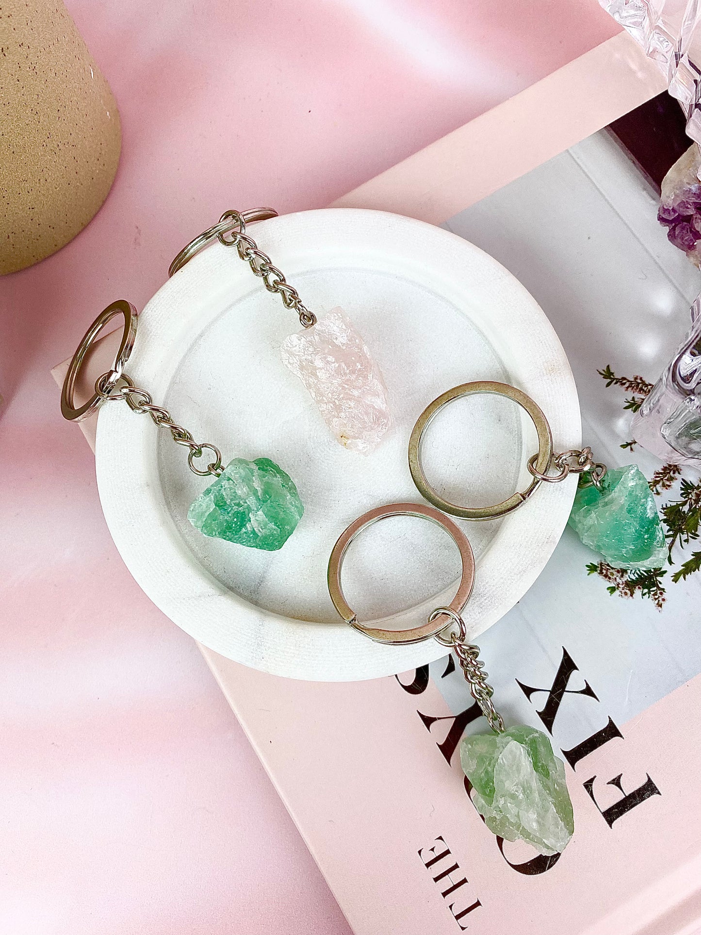 Rose Quartz & Fluorite Raw Keychains