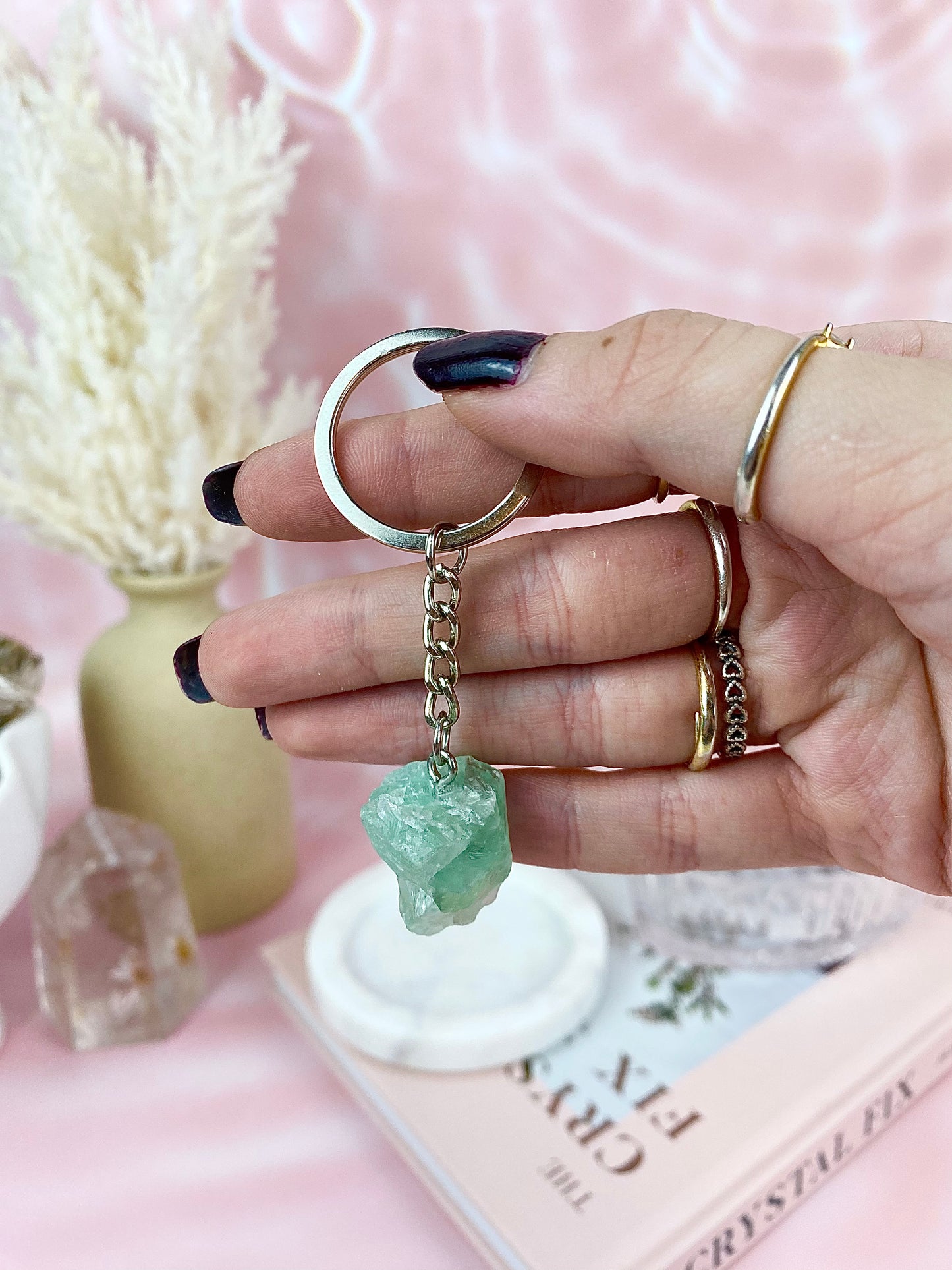 Rose Quartz & Fluorite Raw Keychains