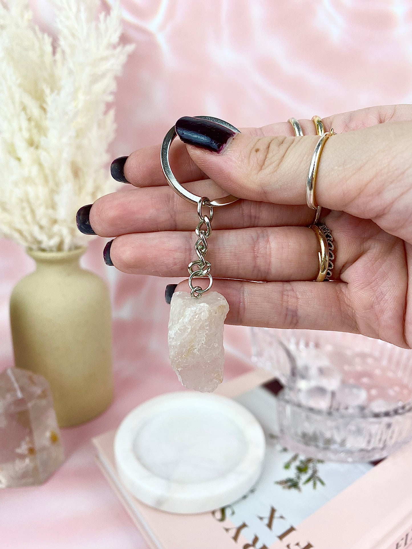 Rose Quartz & Fluorite Raw Keychains