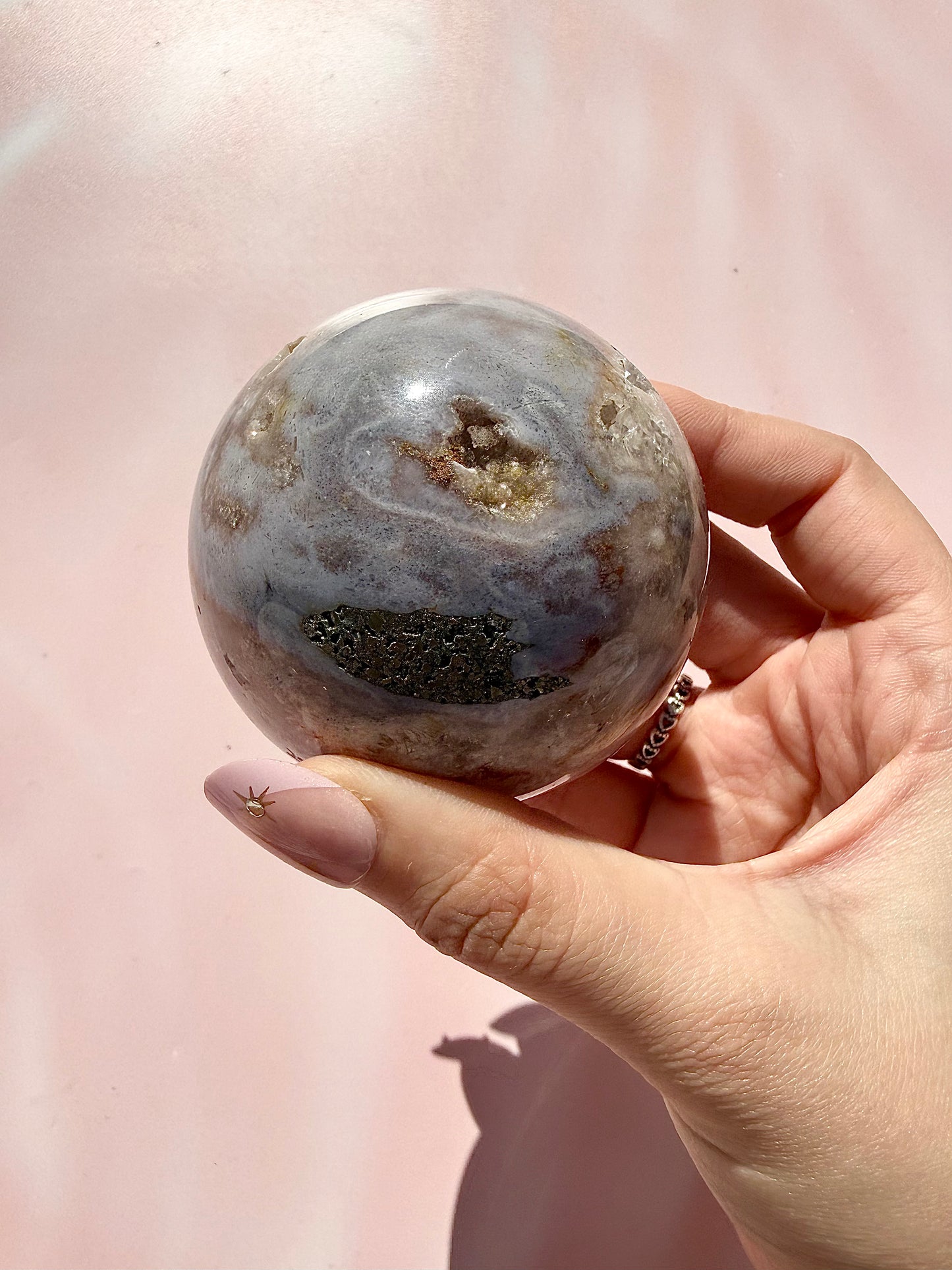 Pink Amethyst Druzy Sphere with Pyrite *comes with stand*