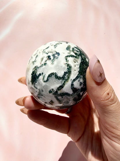 Moss Agate Sphere with Wooden Stand