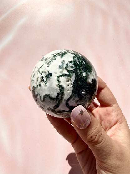 Moss Agate Sphere with Wooden Stand