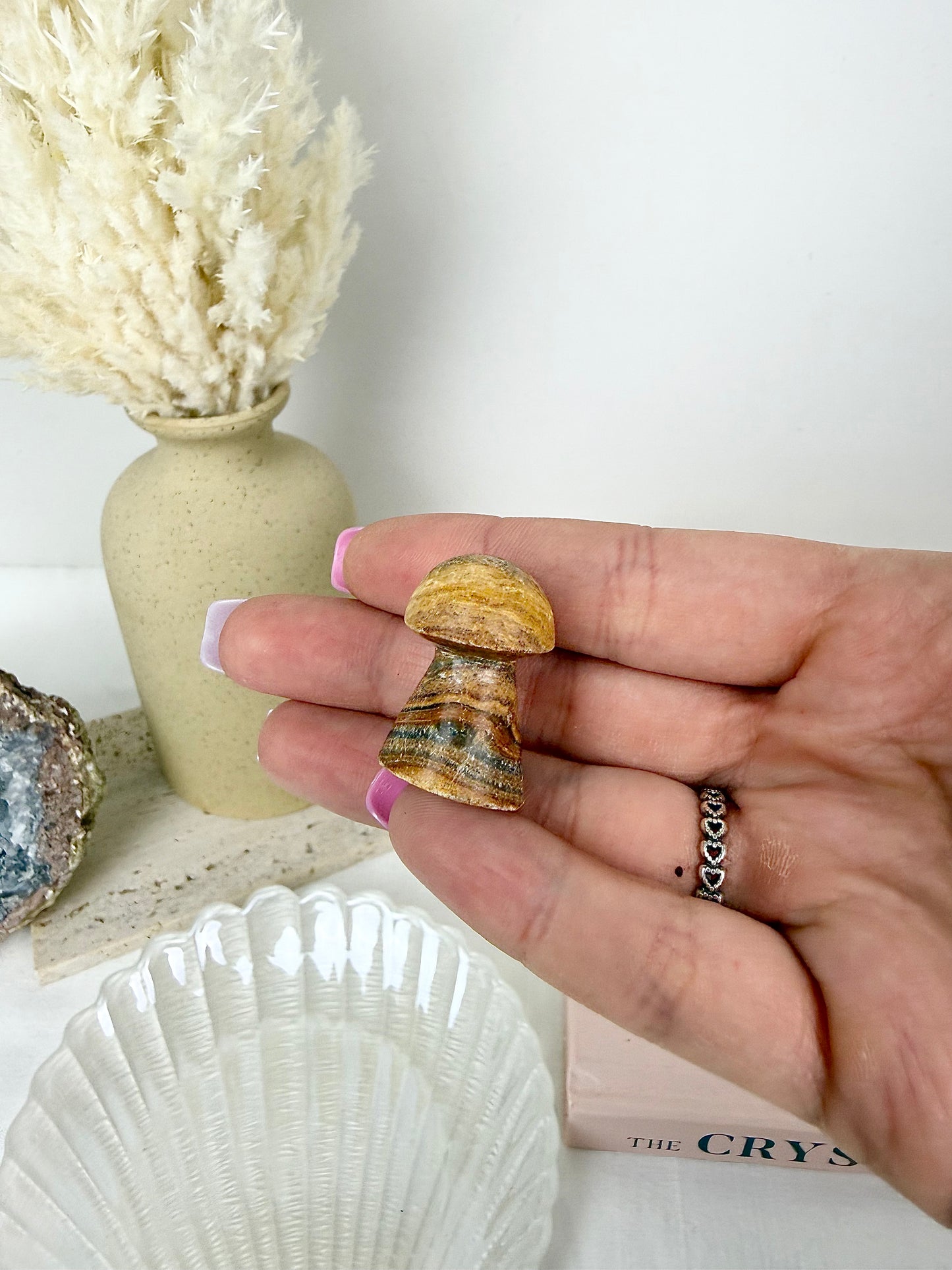 Pink Banded Calcite & Yellow Jasper Star + Mushroom Bundle
