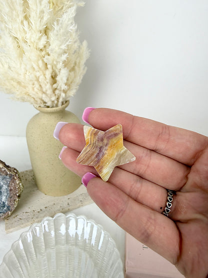 Pink Banded Calcite & Yellow Jasper Star + Mushroom Bundle