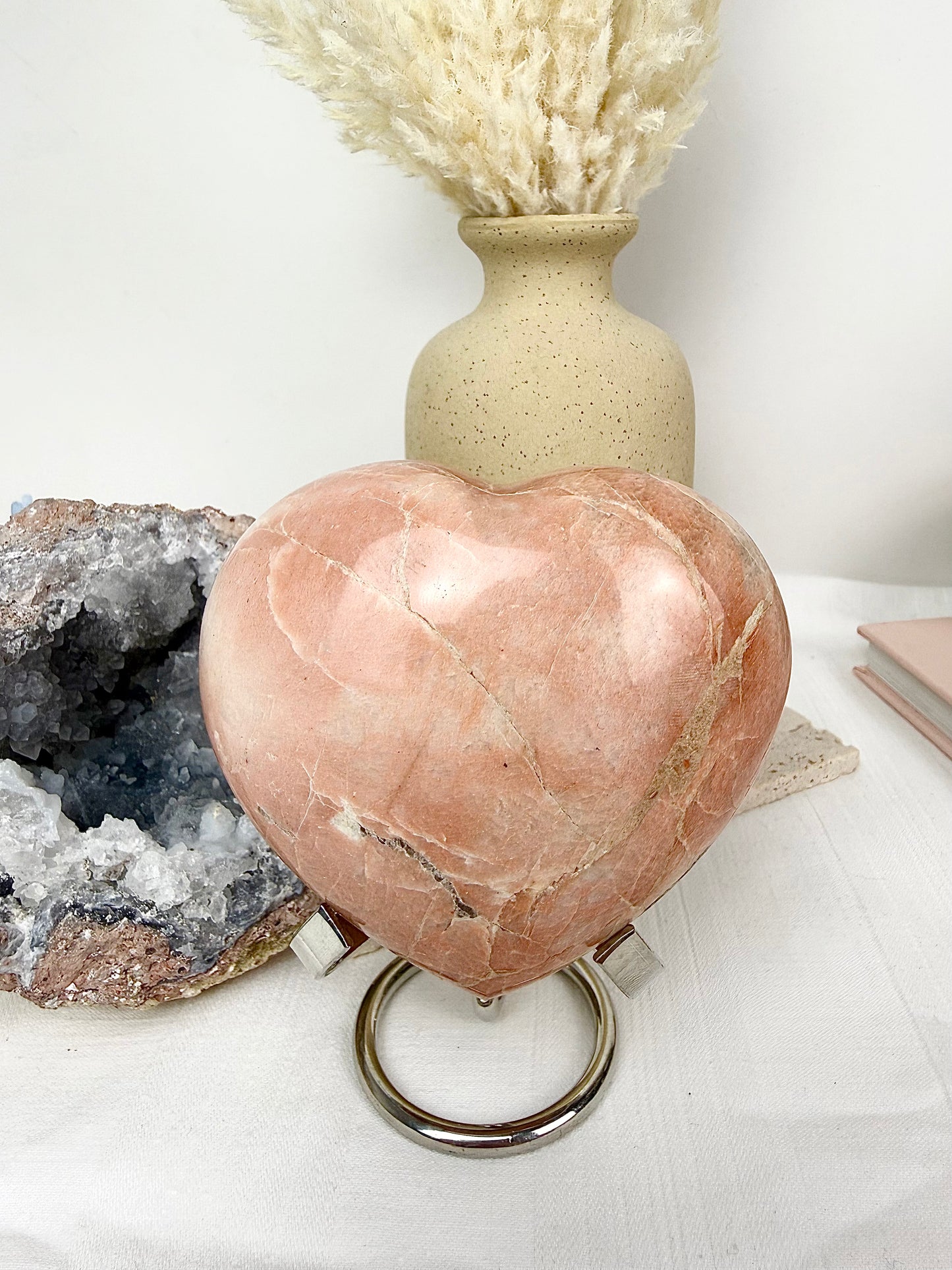 Peach Moonstone Large Heart with Silver Stand