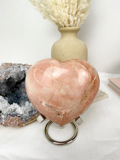 Peach Moonstone Large Heart with Silver Stand