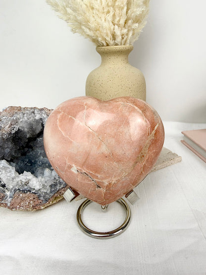 Peach Moonstone Large Heart with Silver Stand