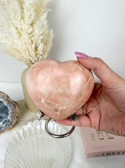 Peach Moonstone Large Heart with Silver Stand