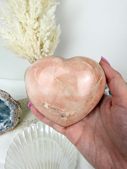 Peach Moonstone Large Heart with Silver Stand