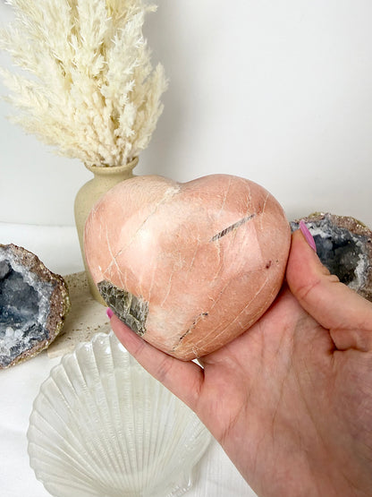 Peach Moonstone Large Heart with Silver Stand