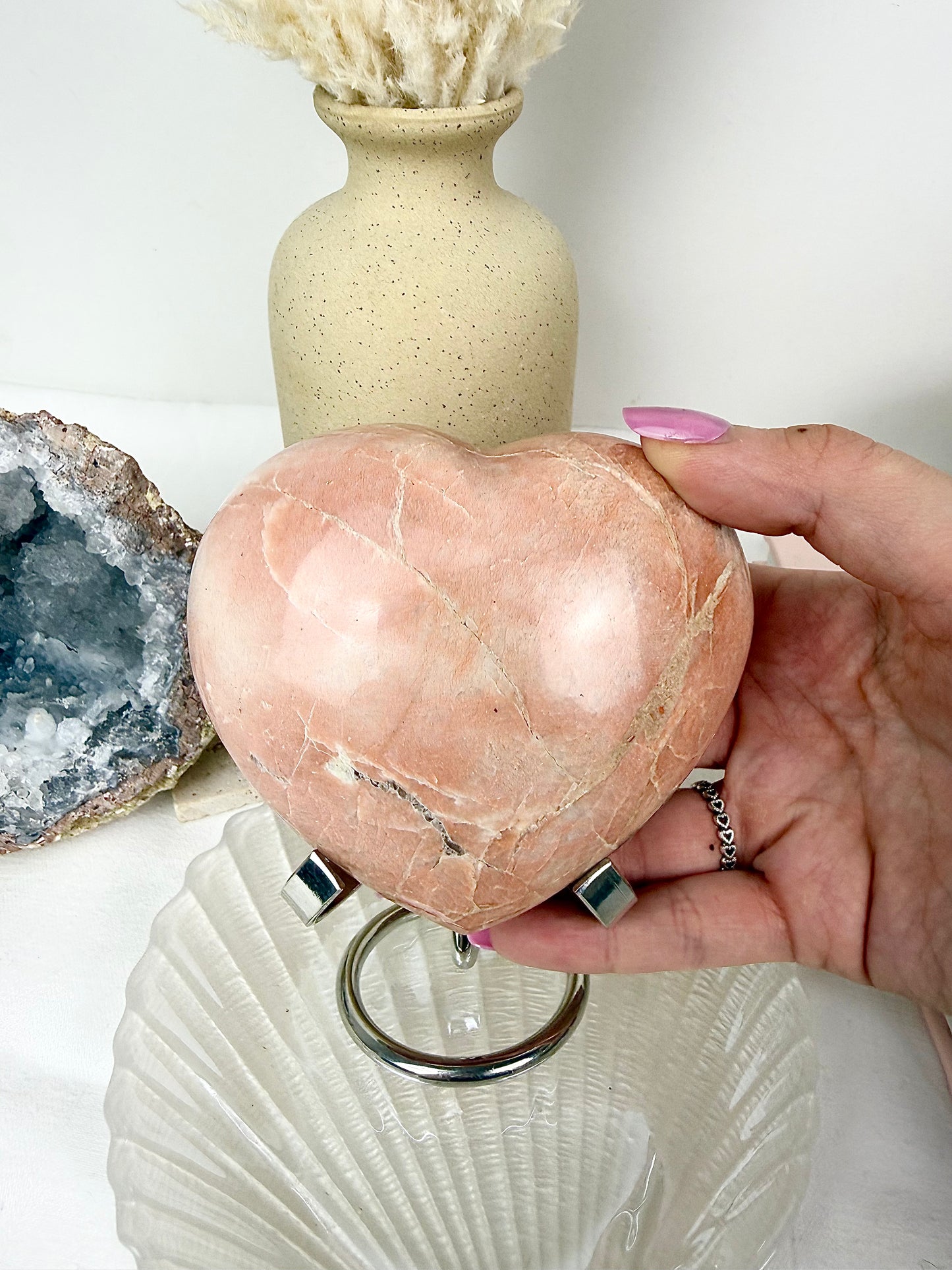 Peach Moonstone Large Heart with Silver Stand