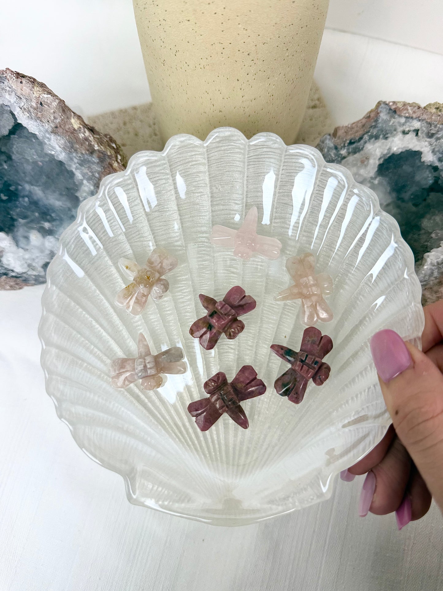Flower Agate, Rhodonite & Rose Quartz Dragonflies