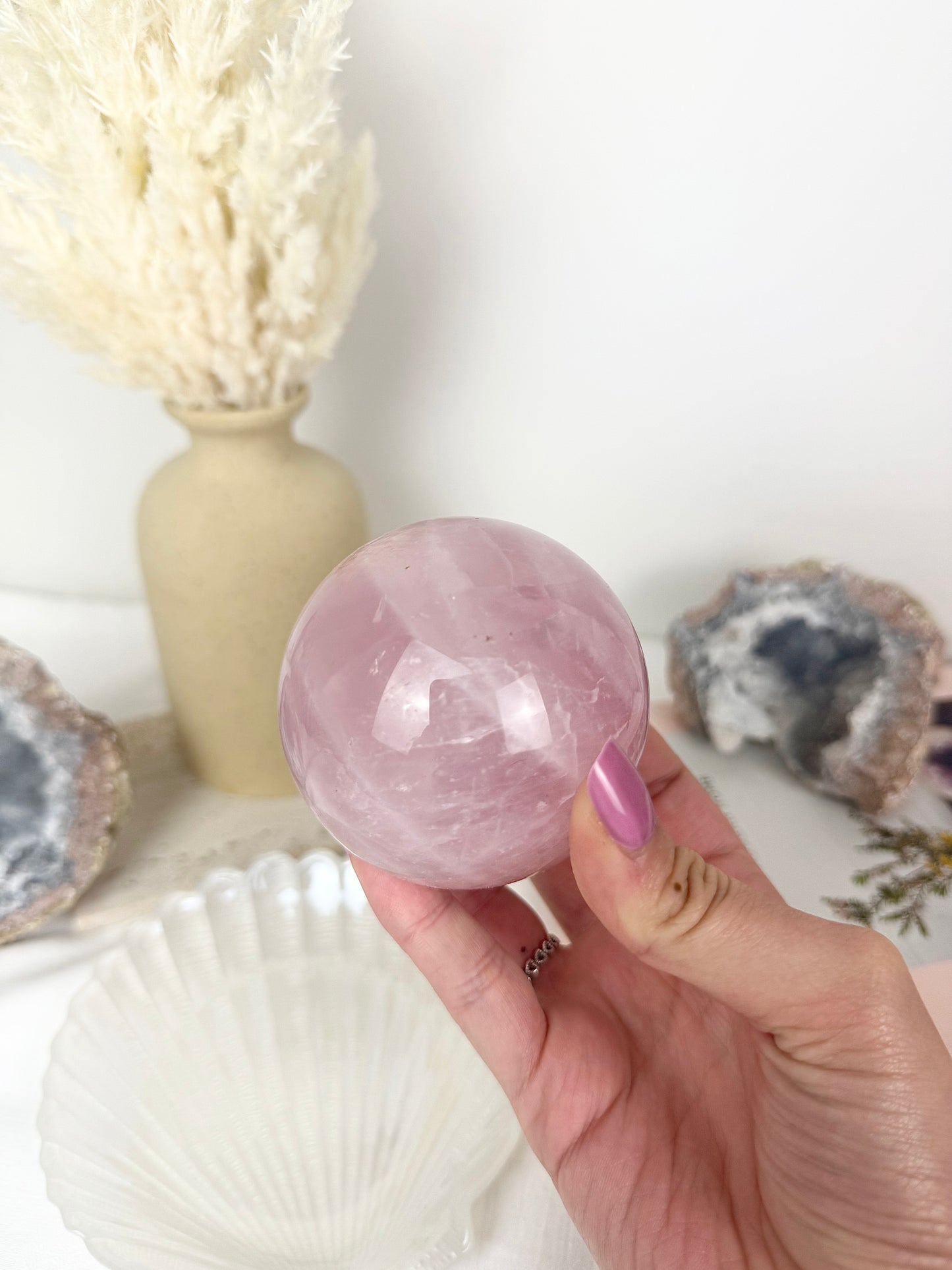 Rose Quartz Sphere with Wooden Stand