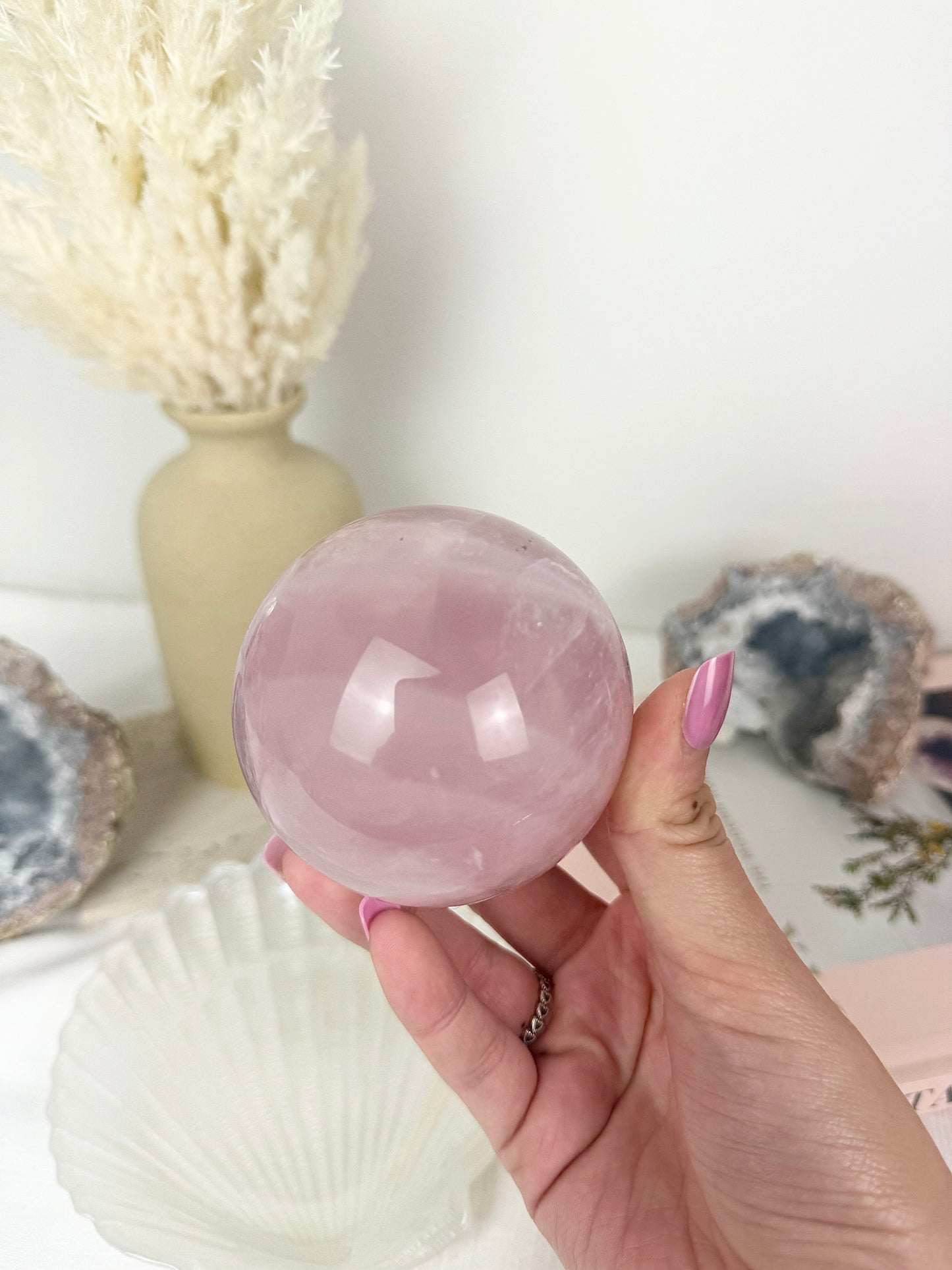 Rose Quartz Sphere with Wooden Stand