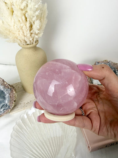 Rose Quartz Sphere with Wooden Stand