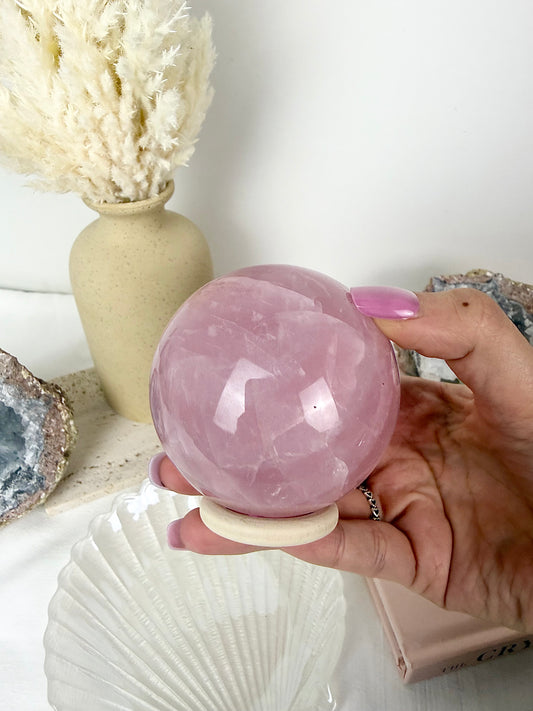 Rose Quartz Sphere with Wooden Stand