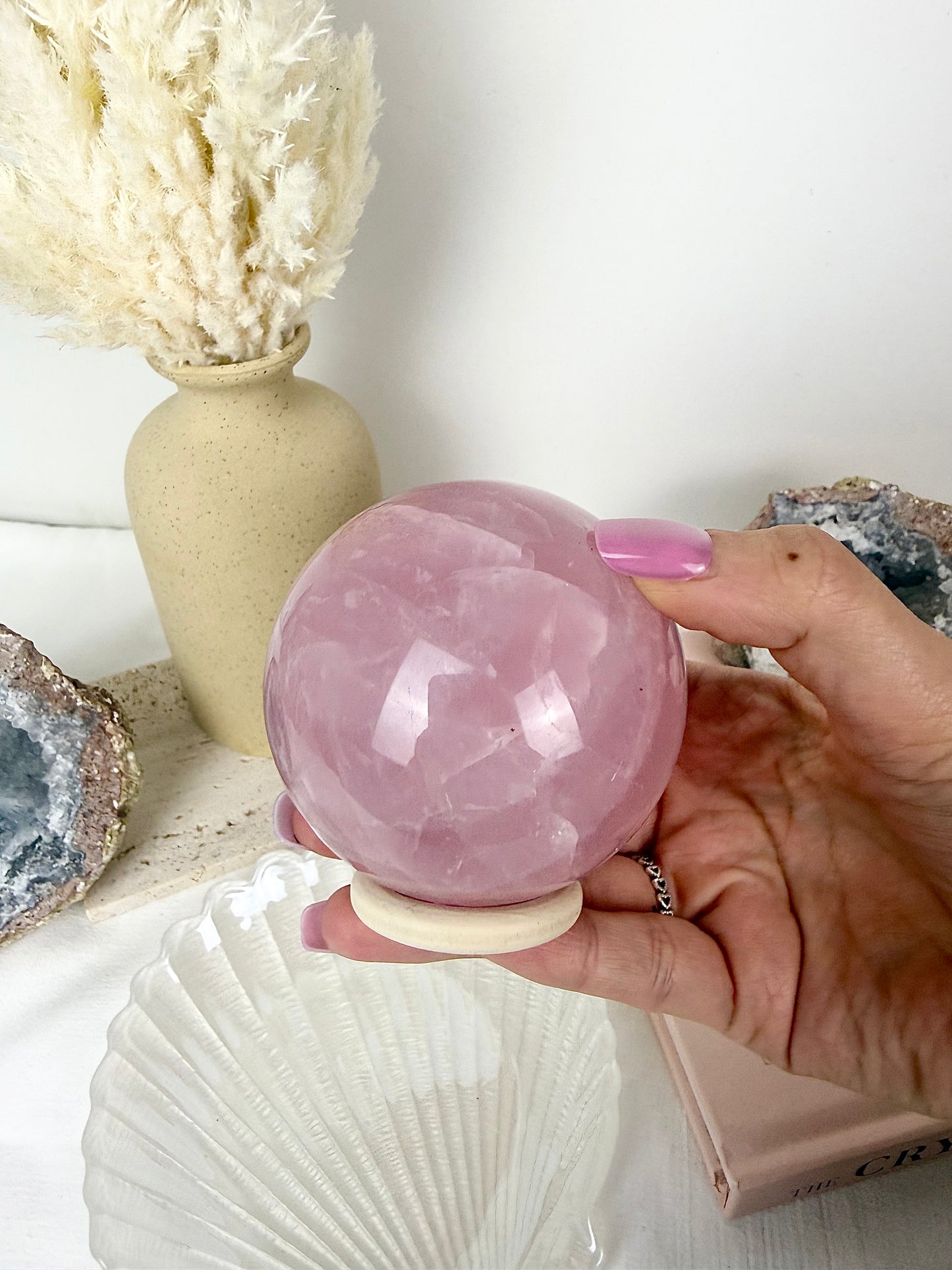 Rose Quartz Sphere with Wooden Stand