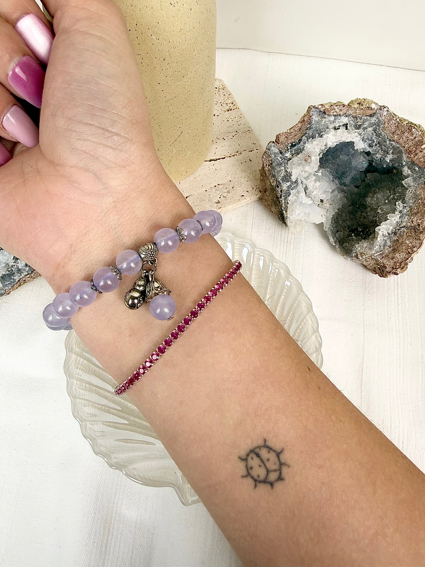 Lavender Fluorite Charm Beaded Bracelet