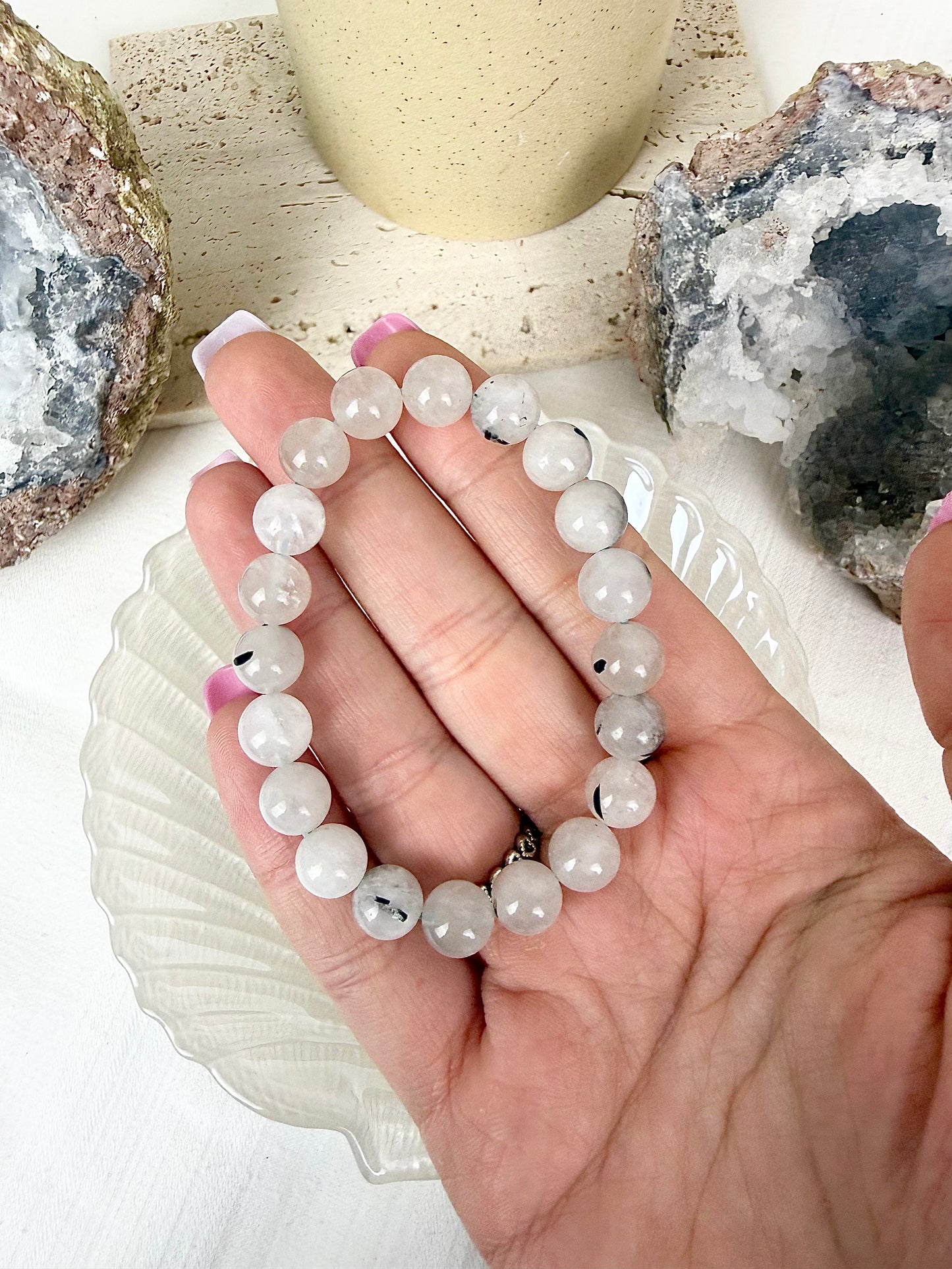 Black Tourmaline in Quartz Beaded Bracelet