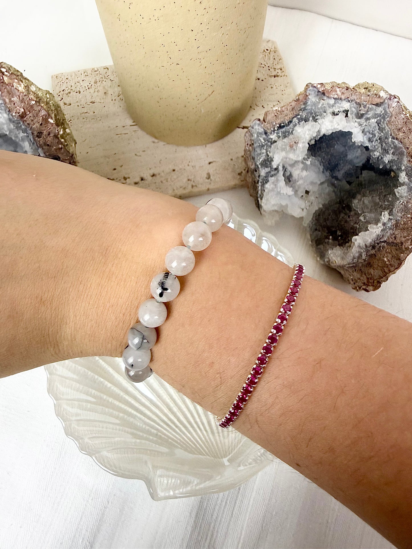 Black Tourmaline in Quartz Beaded Bracelet