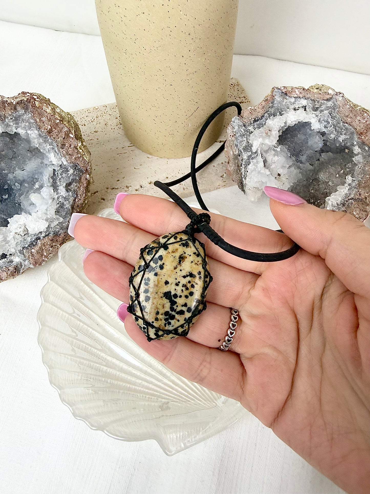 Dalmatian Jasper Necklace with Black Wax Cord
