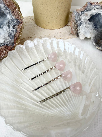 Rose Quartz Heart Hair Pins