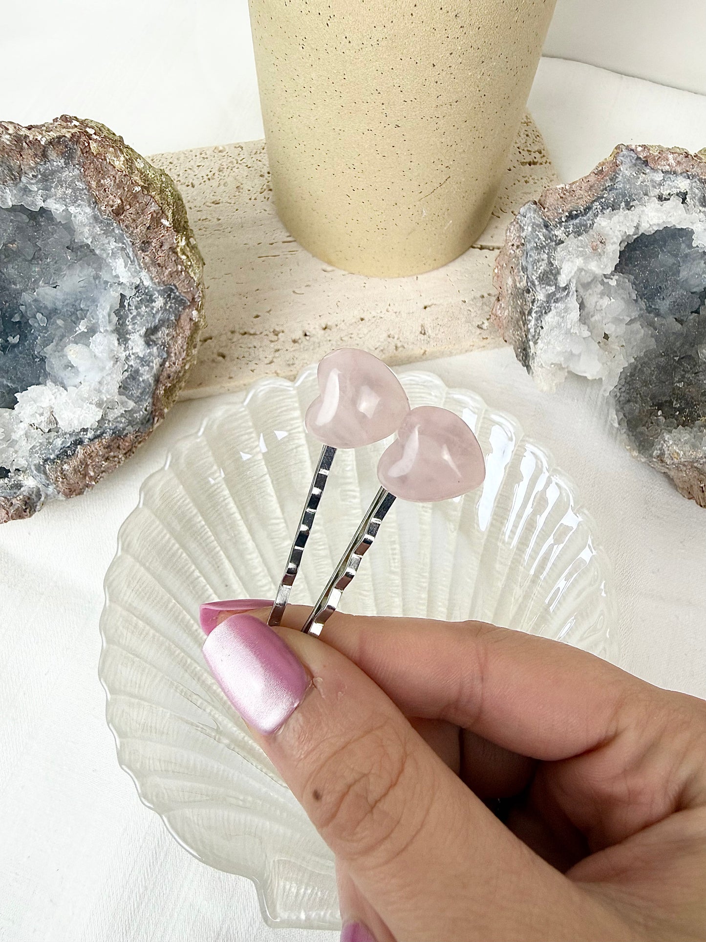 Rose Quartz Heart Hair Pins