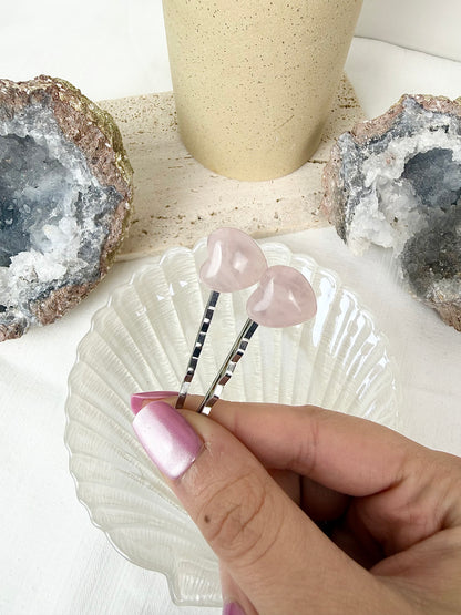 Rose Quartz Heart Hair Pins