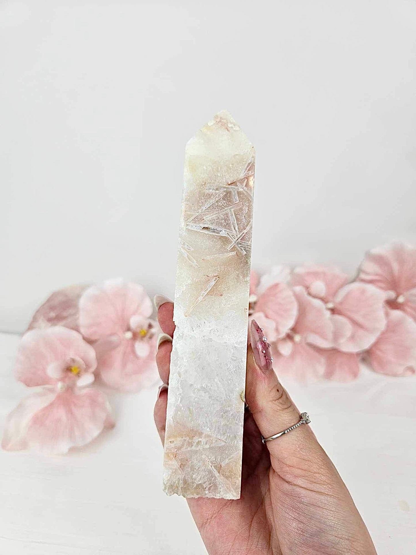 Unique Pink Amethyst with Stalactite and Calcite Inclusions Druzy Large Tower